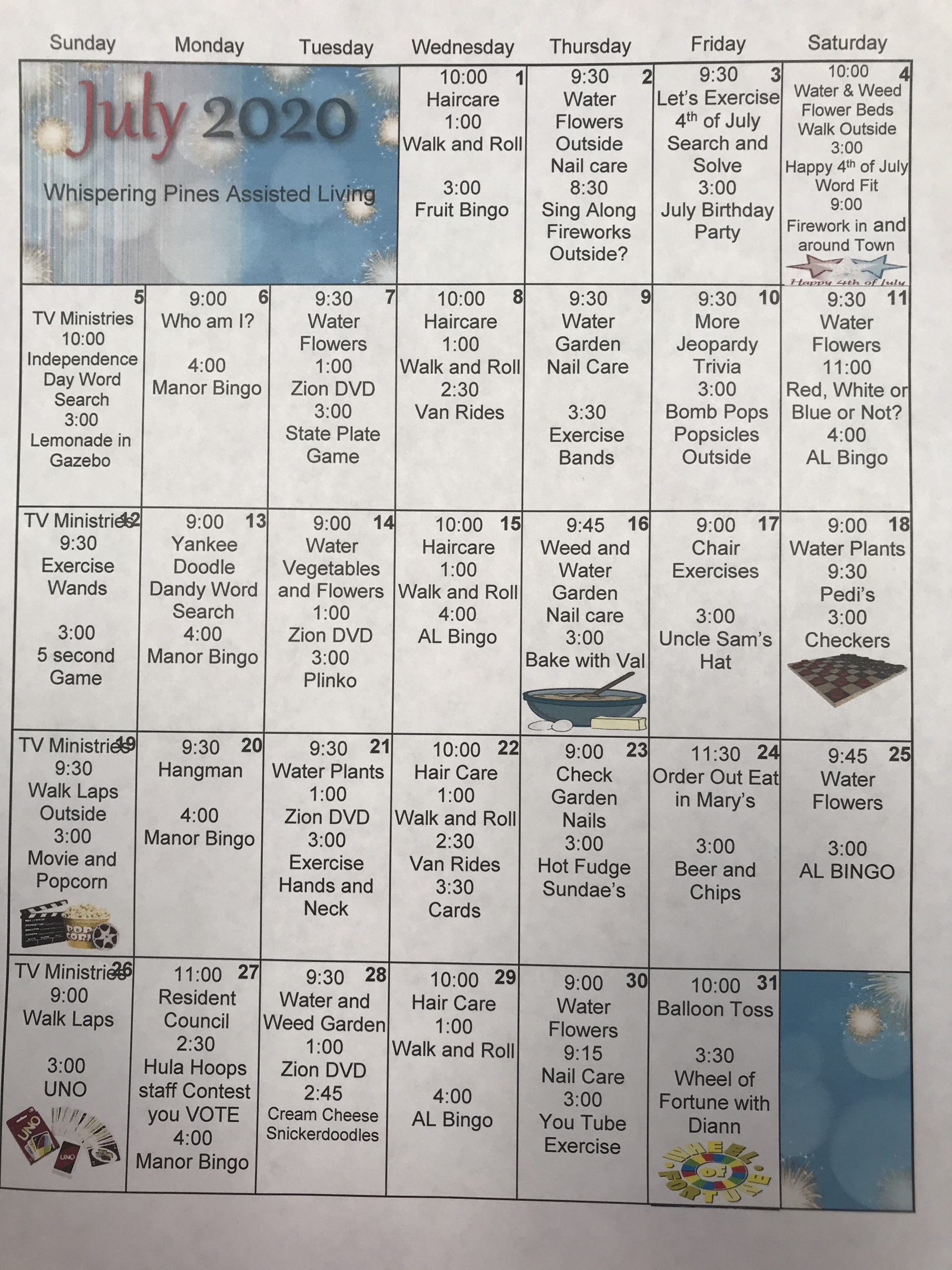 AssistedLivingJuly2020Calendar Plainview Manor and Whispering